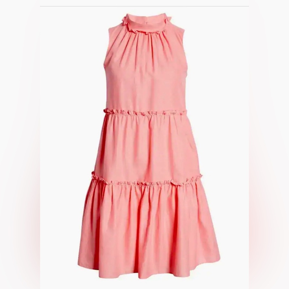 VINCE CAMUTO Pink Sun Dress. Mock Halter Sleeveless Tiers Ruffles. Linen/Cotton.